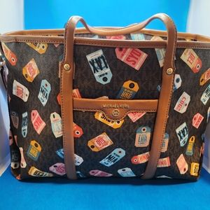 Michael Kors Medium Brown Leather Tote Bag, Travel Themed, “Beck”,